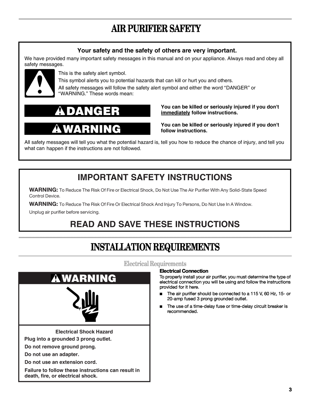 Whirlpool 1188694 Air Purifier Safety, Installation Requirements, Important Safety Instructions, ElectricalRequirements 