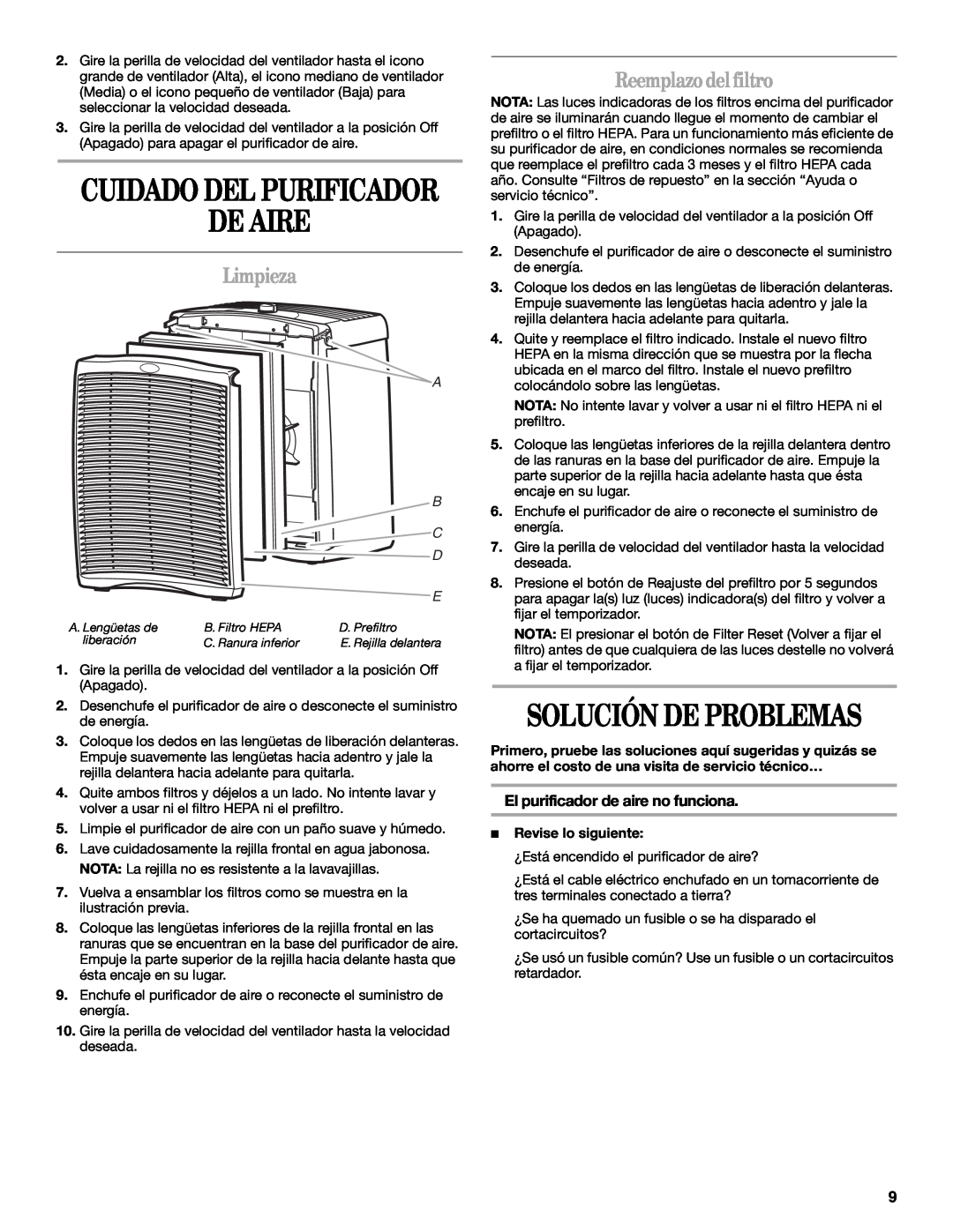 Whirlpool 1188694 manual De Aire, Solución De Problemas, Cuidado Del Purificador, Limpieza, Reemplazodelfiltro, A B C D 