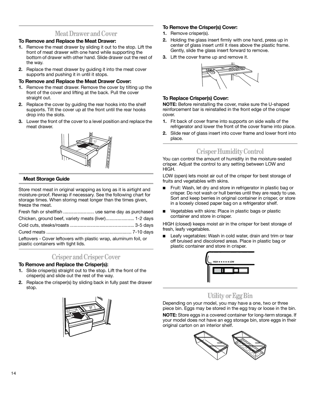 Whirlpool 12828125 manual Meat Drawer and Cover, Crisper Humidity Control, Crisper and Crisper Cover, Utility or Egg Bin 