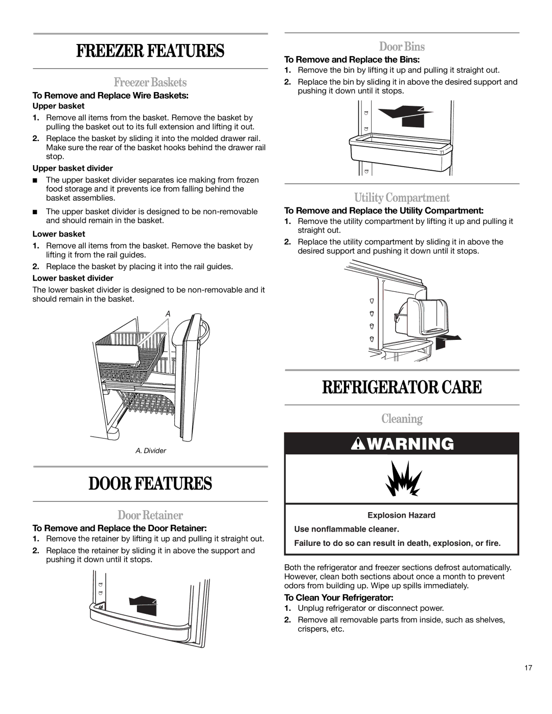 Whirlpool 12828125 manual Freezer Features, Door Features, Refrigerator Care 