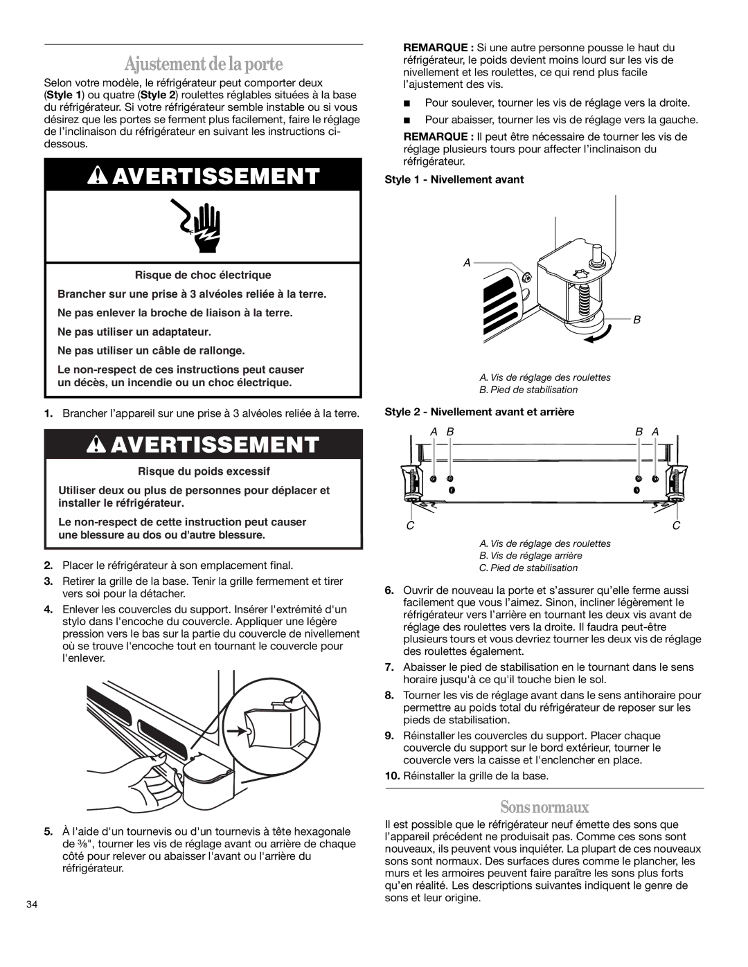 Whirlpool 12828125 manual Sons normaux, Style 1 Nivellement avant, Style 2 Nivellement avant et arrière 