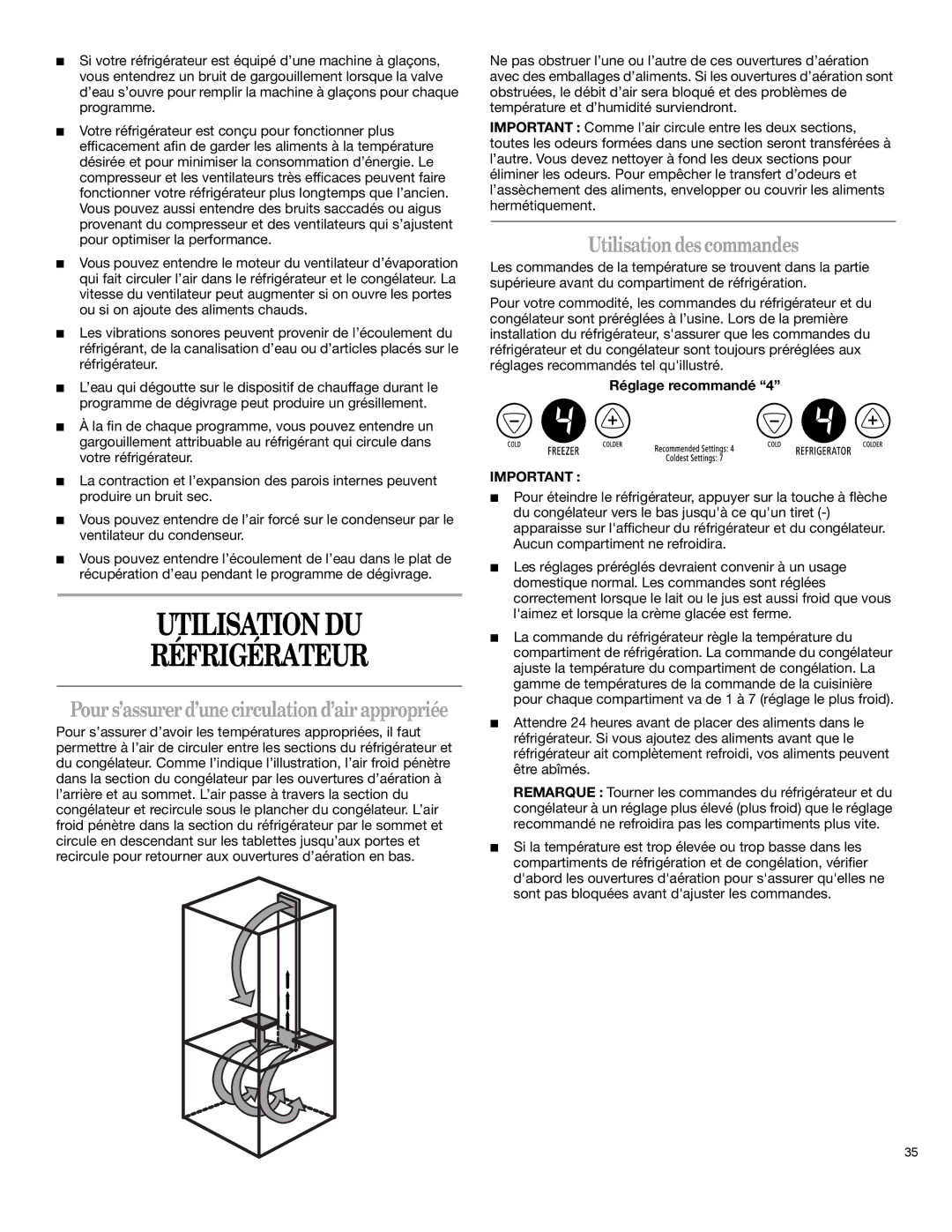 Whirlpool 12828125 manual Utilisation DU Réfrigérateur, Utilisation des commandes, Réglage recommandé 