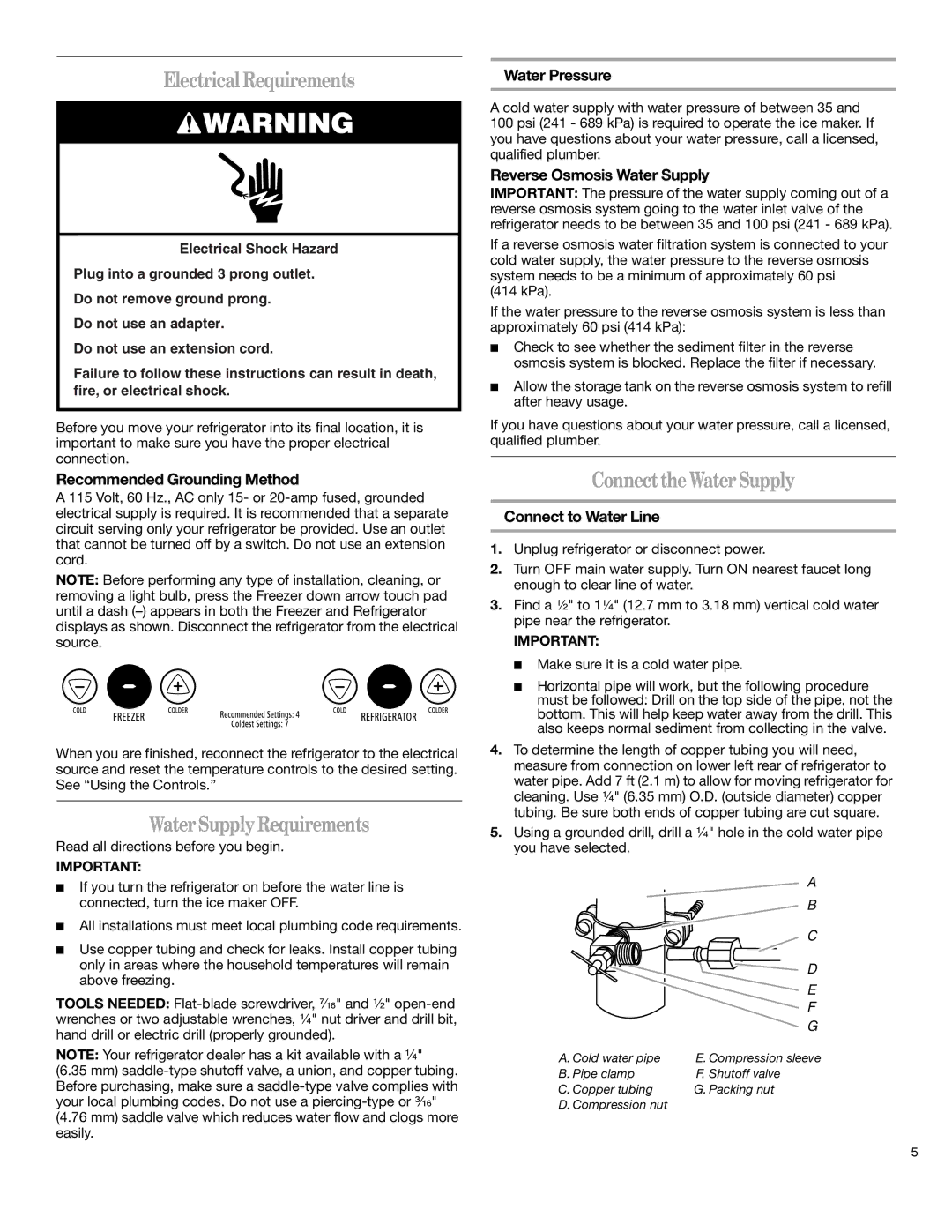 Whirlpool 12828125 manual Electrical Requirements, Water Supply Requirements, Connect the Water Supply 