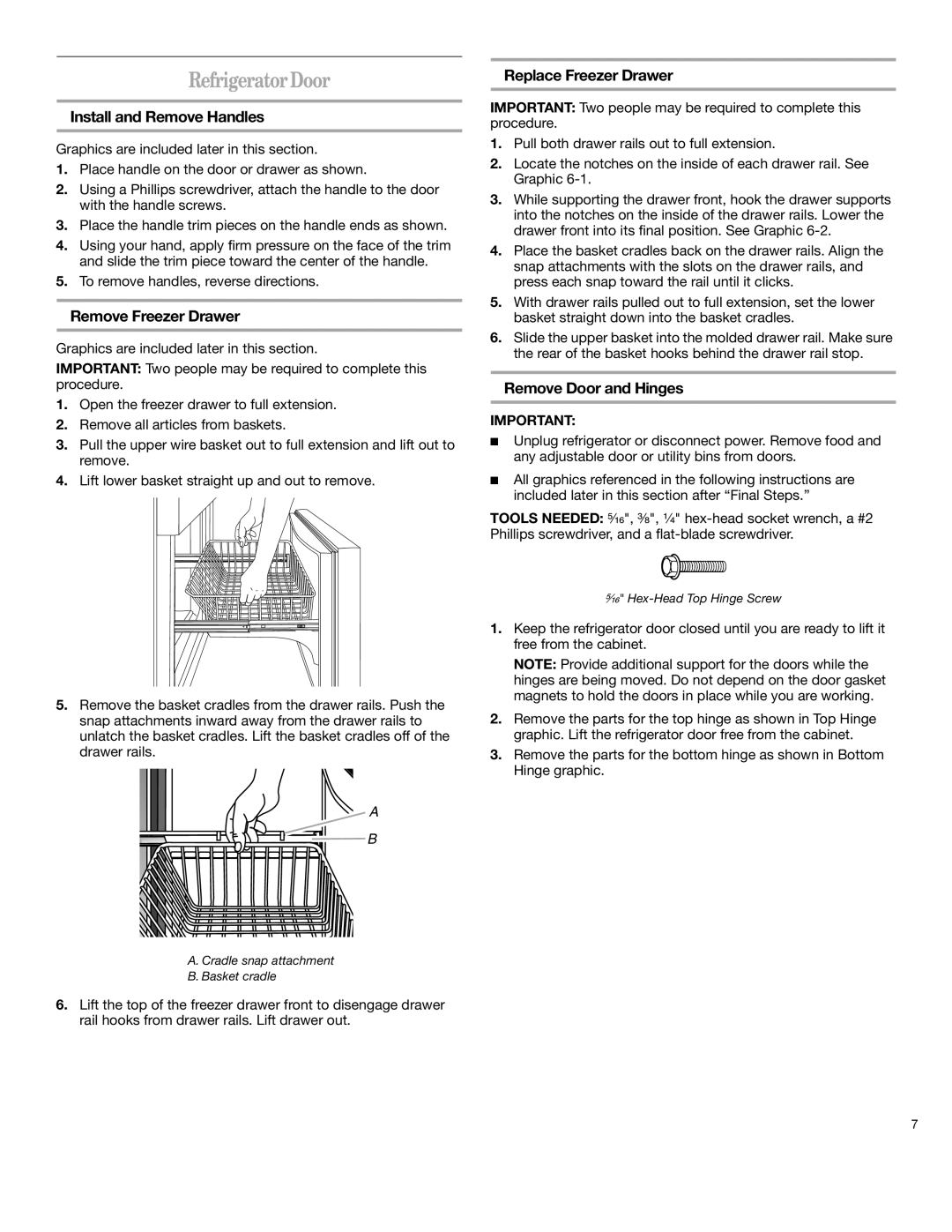 Whirlpool 12828125 manual Refrigerator Door, Install and Remove Handles, Remove Freezer Drawer, Replace Freezer Drawer 