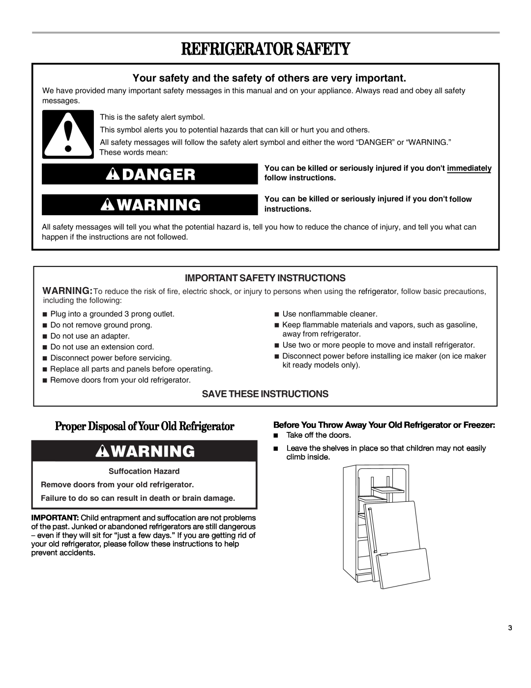 Whirlpool 12828125 Refrigerator Safety, Danger, Proper Disposal of Your Old Refrigerator, Important Safety Instructions 