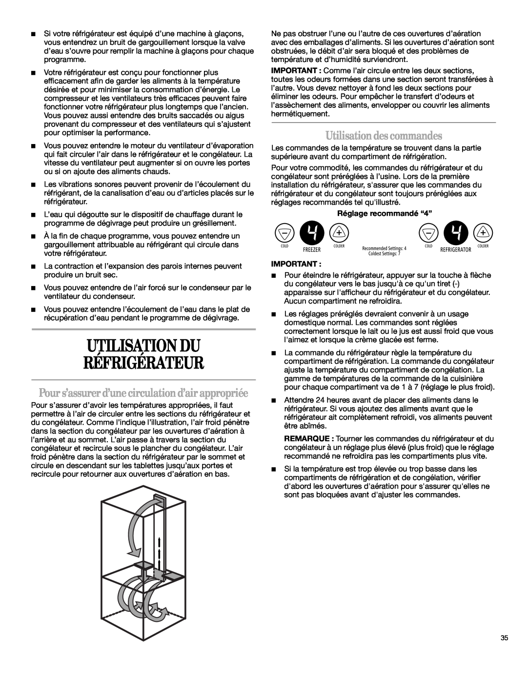 Whirlpool 12828125 manual Utilisation Du Réfrigérateur, Utilisation des commandes 