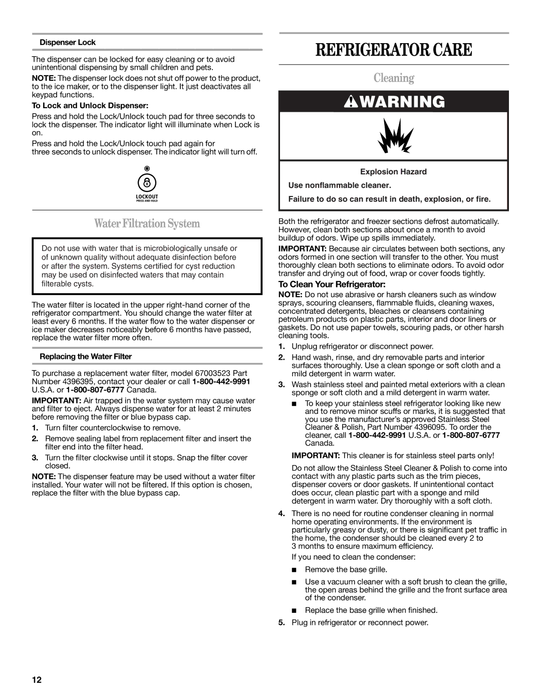 Whirlpool 12828188A, 12828185A Refrigerator Care, Water Filtration System, Cleaning, To Clean Your Refrigerator 