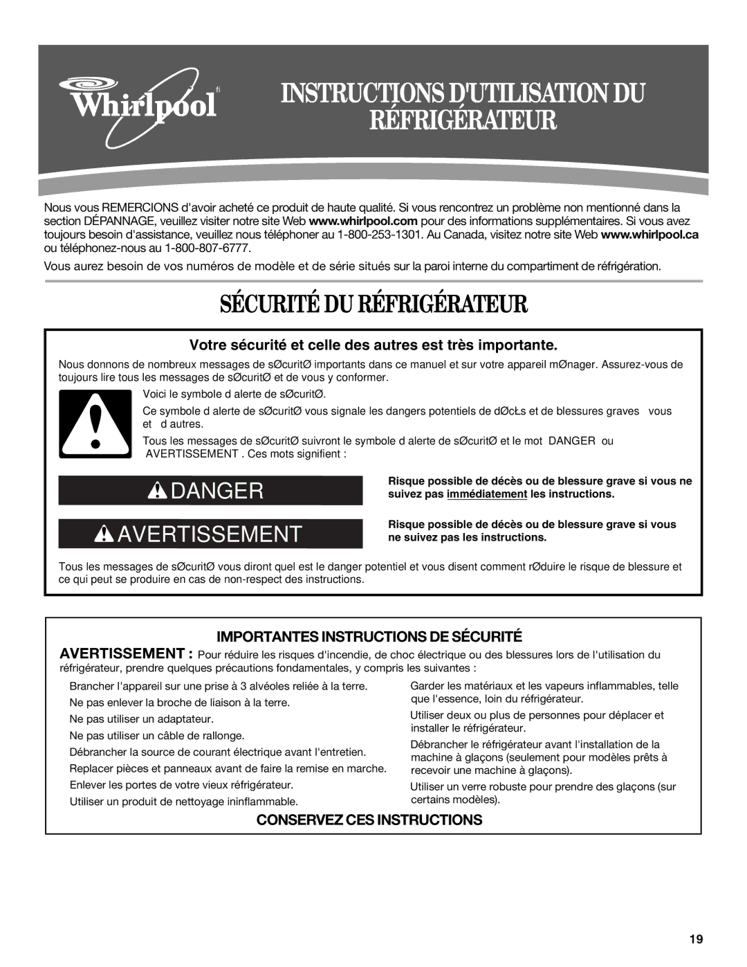 Whirlpool 12828185A, 12828188A installation instructions Sécurité DU Réfrigérateur 