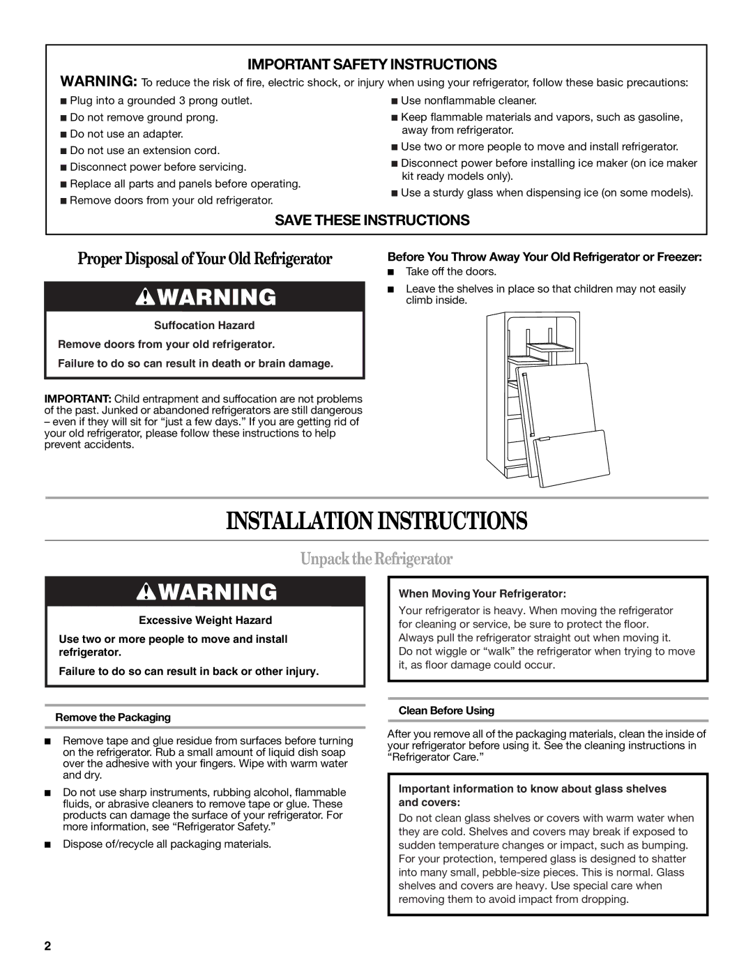 Whirlpool 12828188A, 12828185A Installation Instructions, Unpack the Refrigerator, Remove the Packaging Clean Before Using 