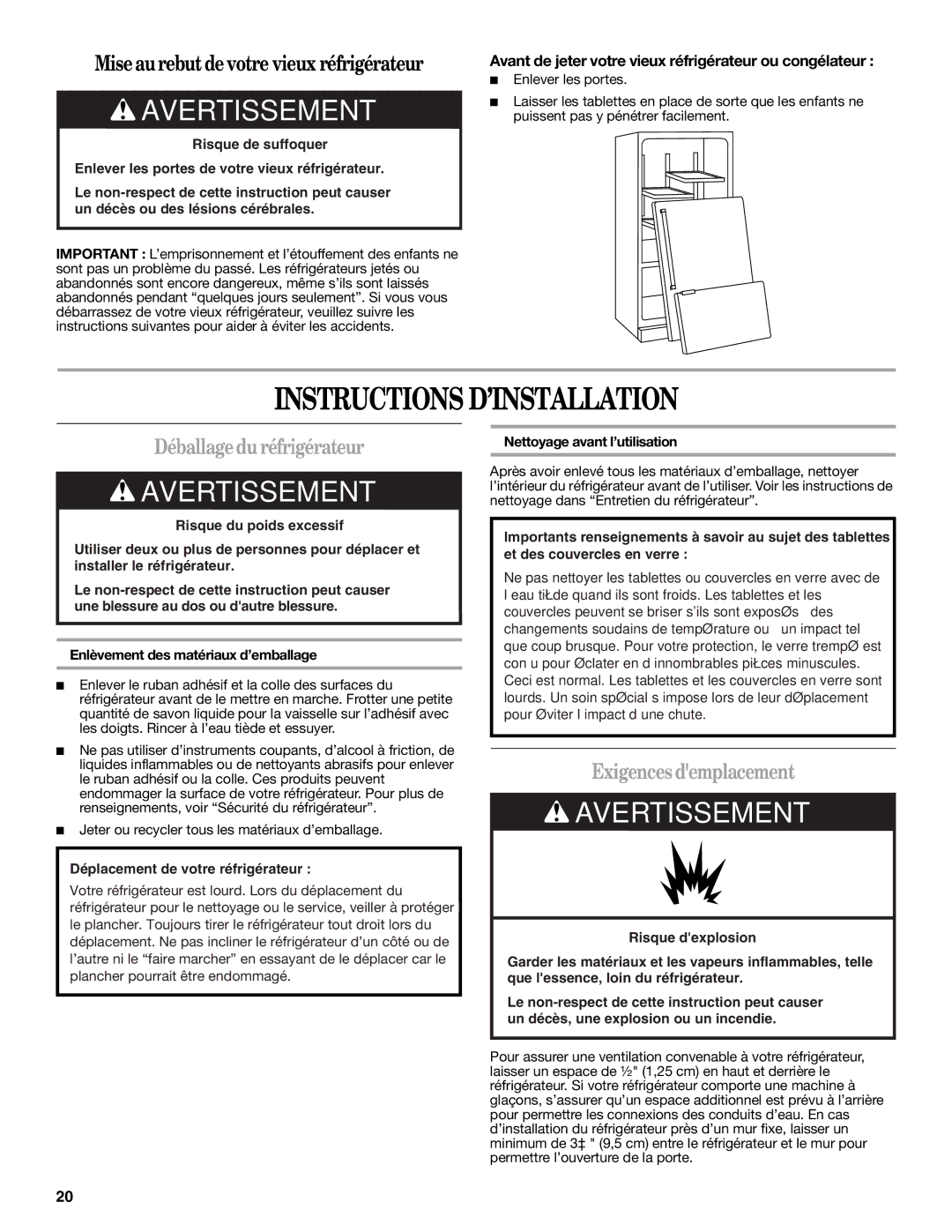 Whirlpool 12828188A, 12828185A Instructions D’INSTALLATION, Déballagedu réfrigérateur, Exigences demplacement 