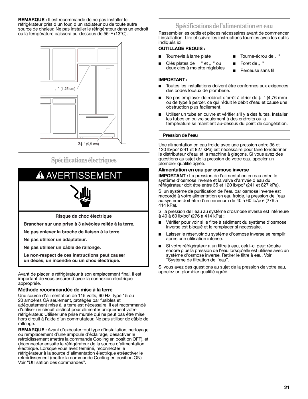 Whirlpool 12828185A, 12828188A Spécificationsélectriques, Spécifications del’alimentationen eau, Outillage Requis 