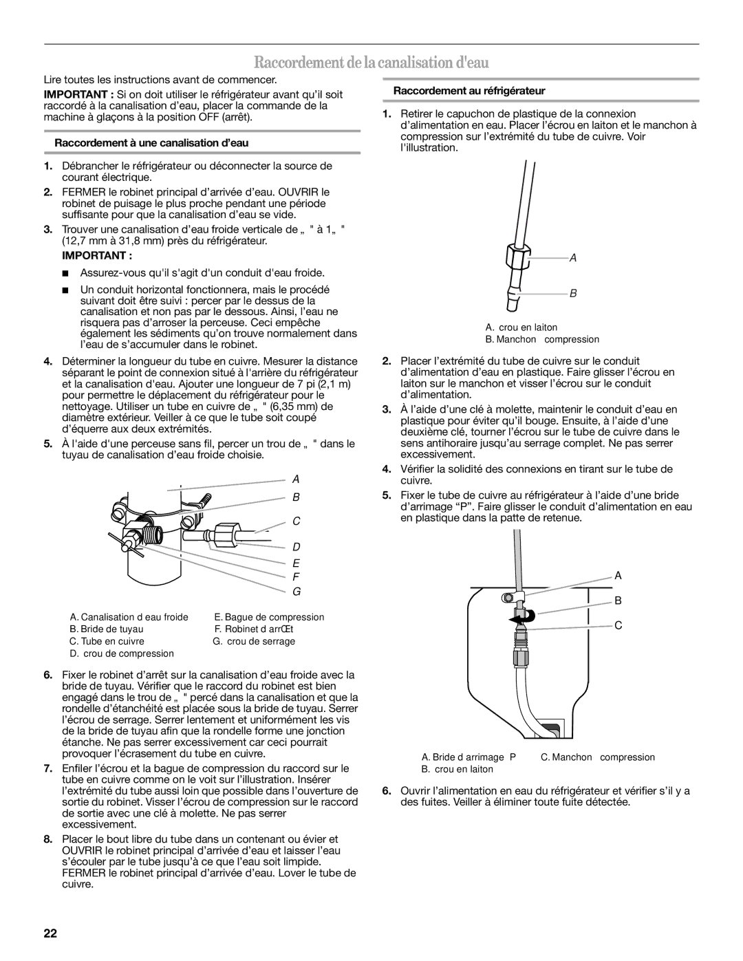 Whirlpool 12828188A, 12828185A Raccordement de la canalisation deau, Raccordement à une canalisation d’eau 