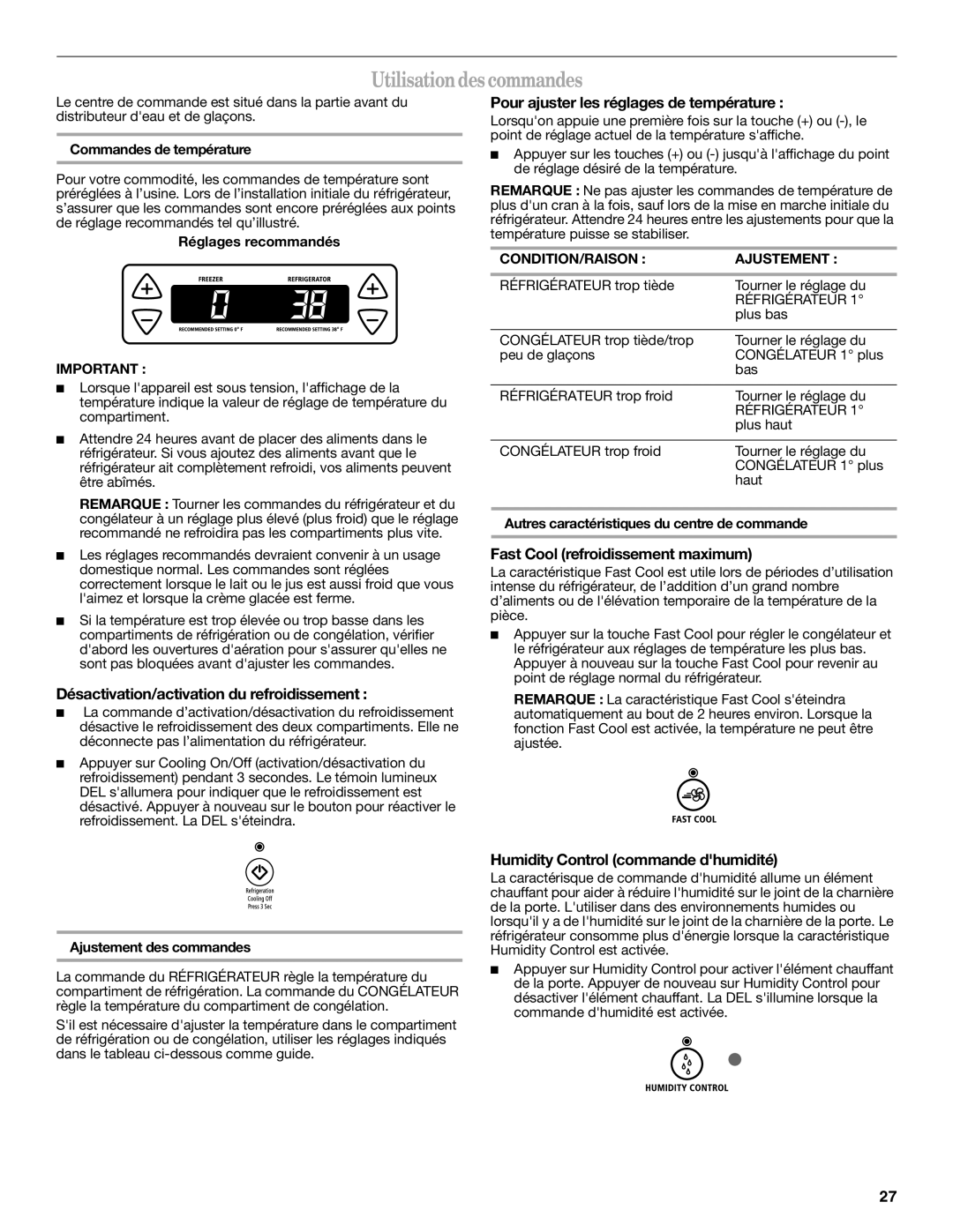 Whirlpool 12828185A, 12828188A Utilisationdes commandes, Désactivation/activation du refroidissement 