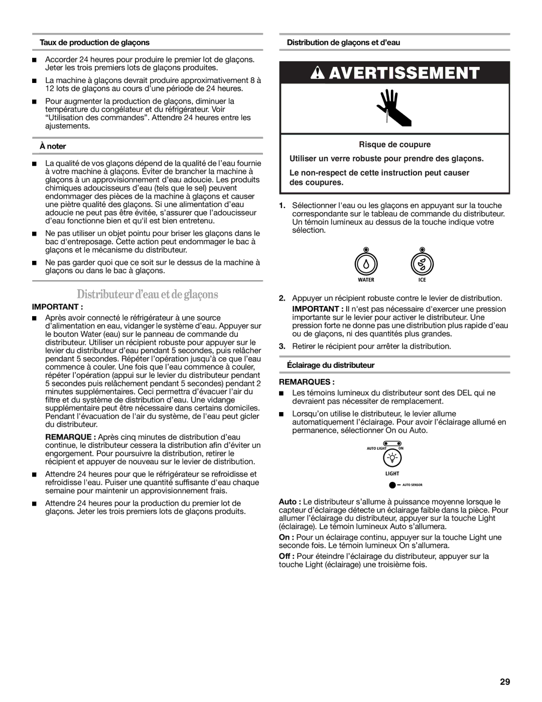 Whirlpool 12828185A Distributeur d’eau et de glaçons, Taux de production de glaçons, Distribution de glaçons et d’eau 