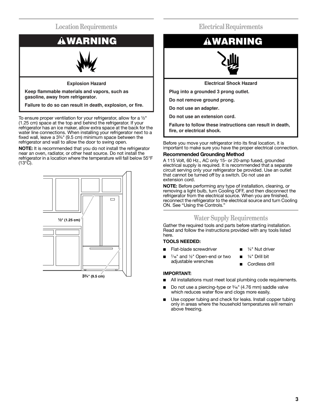 Whirlpool 12828185A LocationRequirements, Electrical Requirements, Water Supply Requirements, Recommended Grounding Method 