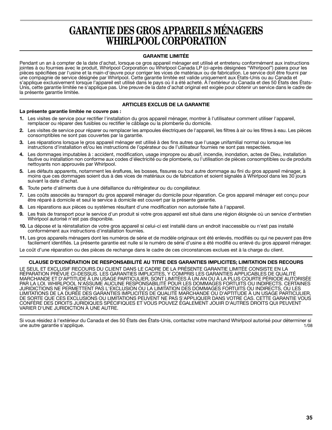 Whirlpool 12828185A, 12828188A Garantie DES Gros Appareils Ménagers Whirlpool Corporation, Garantie Limitée 