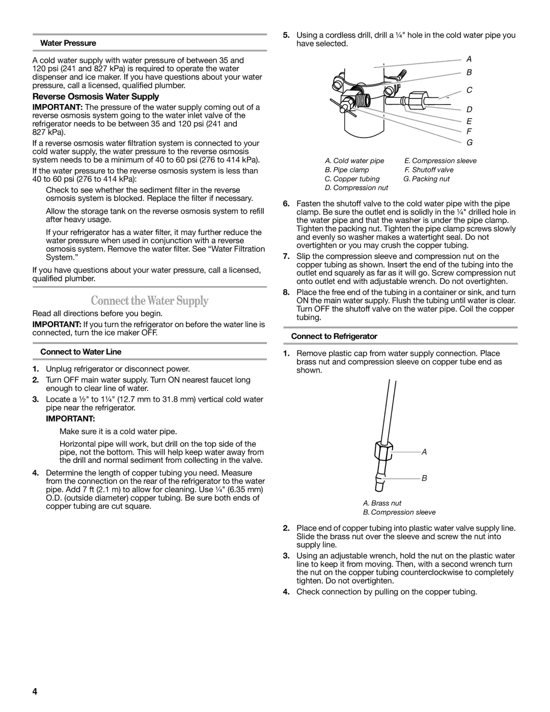 Whirlpool 12828188A Connect the Water Supply, Reverse Osmosis Water Supply, Water Pressure, Connect to Water Line 