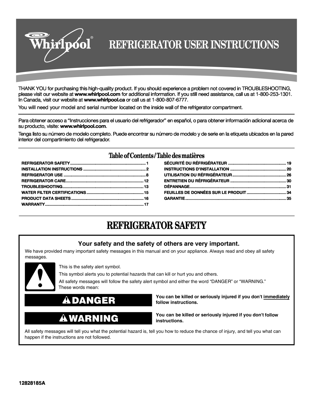 Whirlpool 12828185A installation instructions Refrigerator Safety, Danger, Table of Contents / Table desmatières 