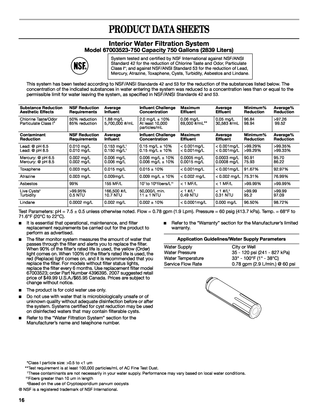 Whirlpool 12828188A Product Data Sheets, Interior Water Filtration System, Application Guidelines/Water Supply Parameters 
