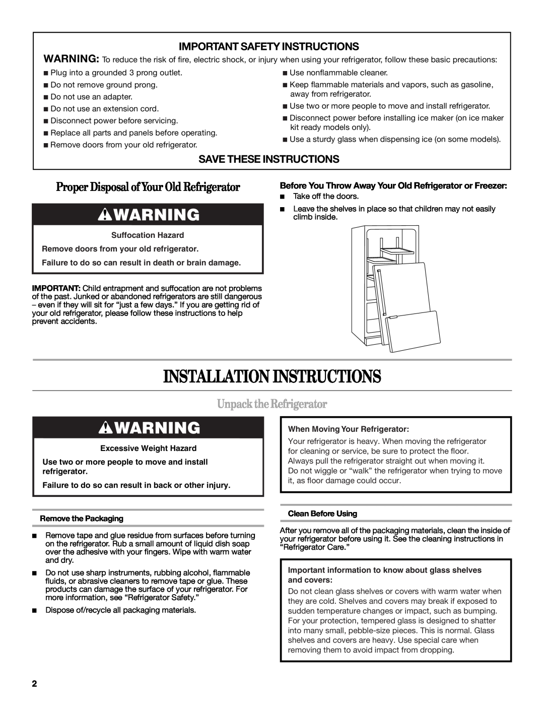 Whirlpool 12828188A Installation Instructions, Unpack the Refrigerator, Important Safety Instructions, Suffocation Hazard 