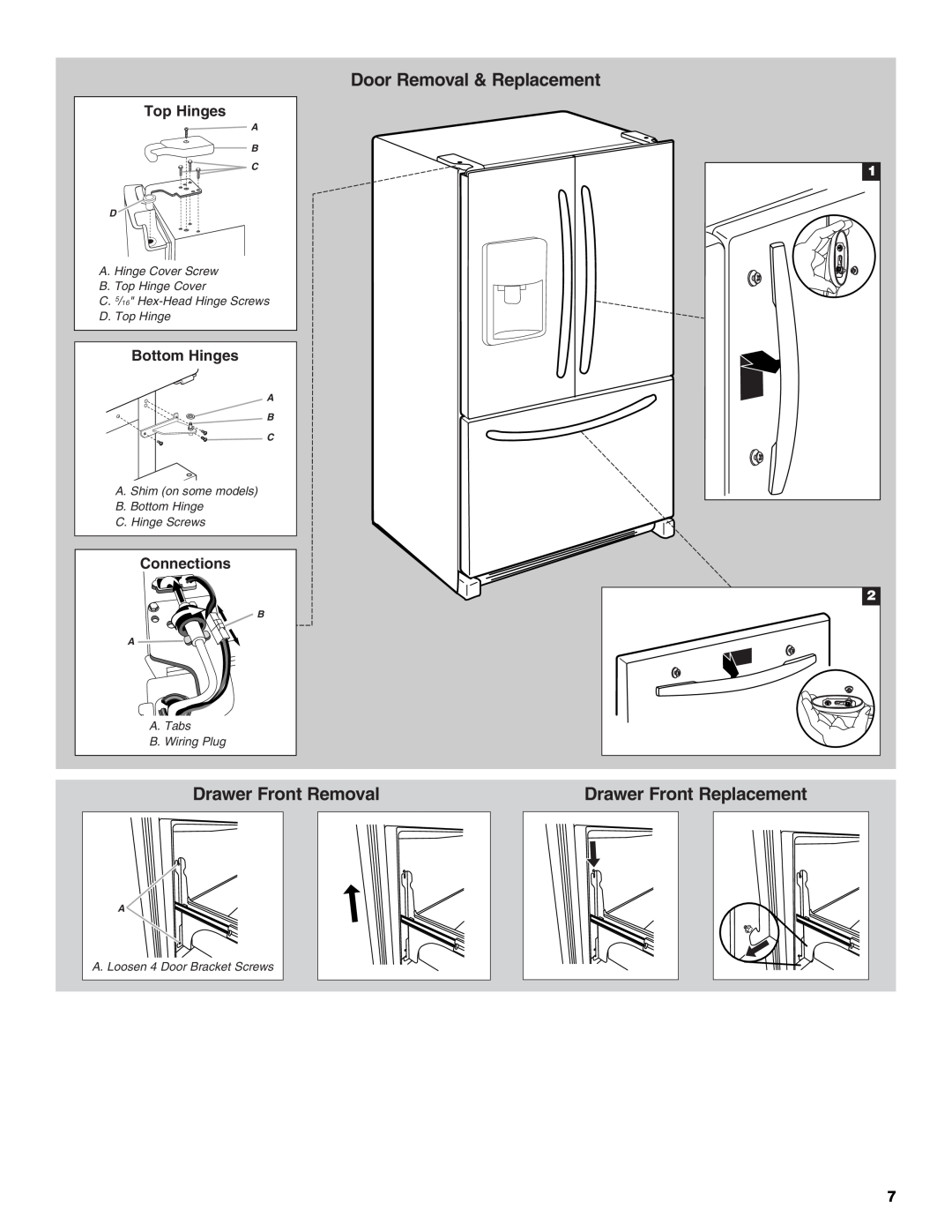 Whirlpool 12828185A Door Removal & Replacement, Drawer Front Removal, Drawer Front Replacement, Top Hinges, Bottom Hinges 