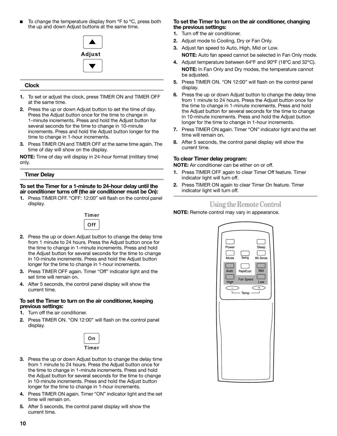 Whirlpool 1328891 manual UsingtheRemoteControl, Adjust Clock, Timer Delay, To clear Timer delay program 