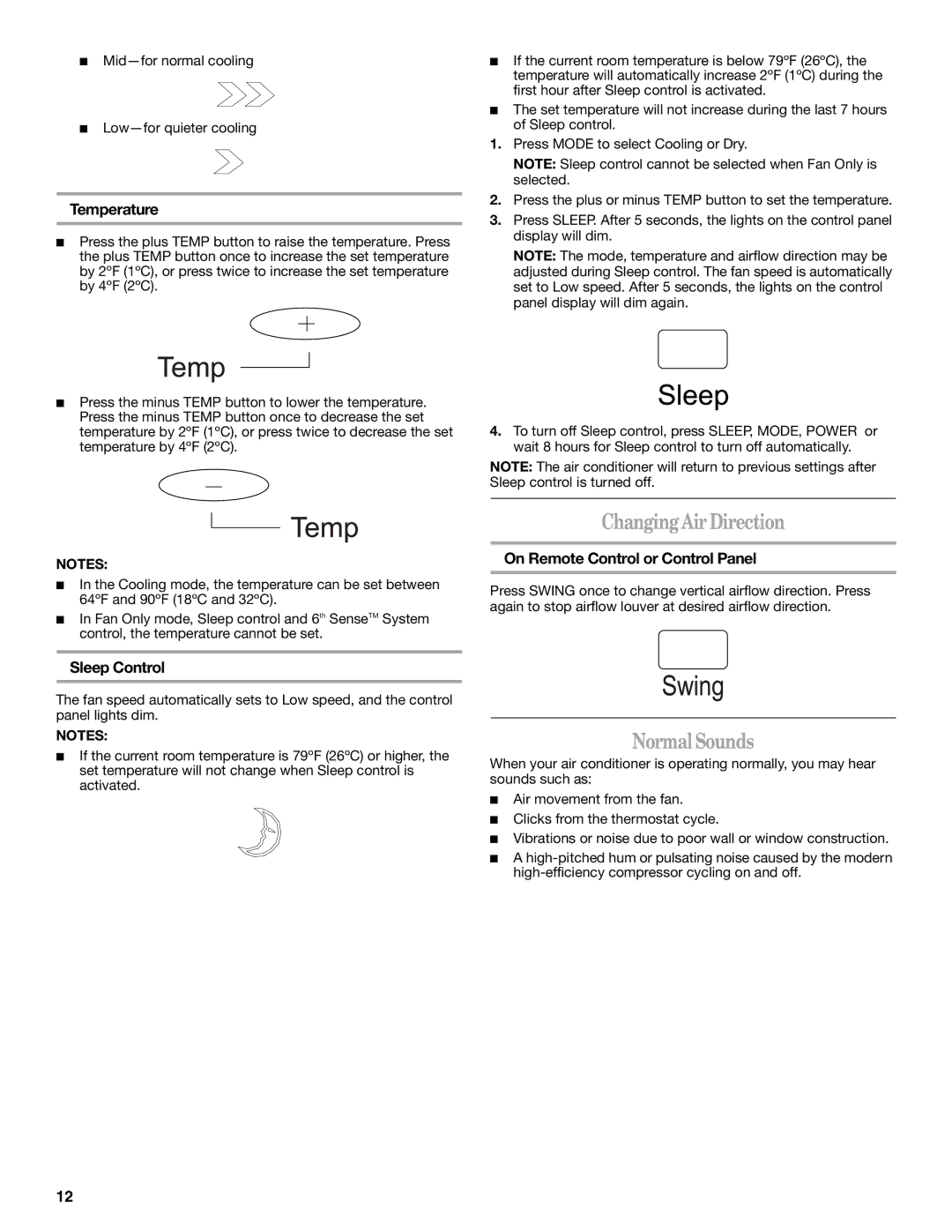 Whirlpool 1328891 manual ChangingAirDirection, NormalSounds, Sleep Control, On Remote Control or Control Panel 