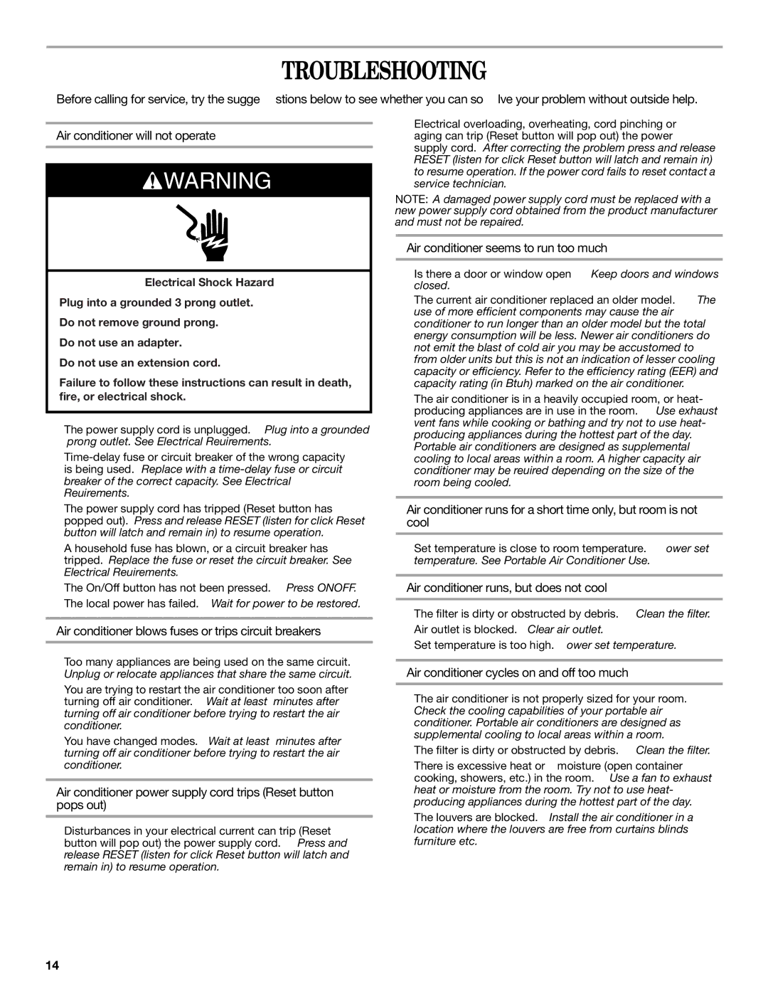 Whirlpool 1328891 manual Troubleshooting, Air conditioner blows fuses or trips circuit breakers 