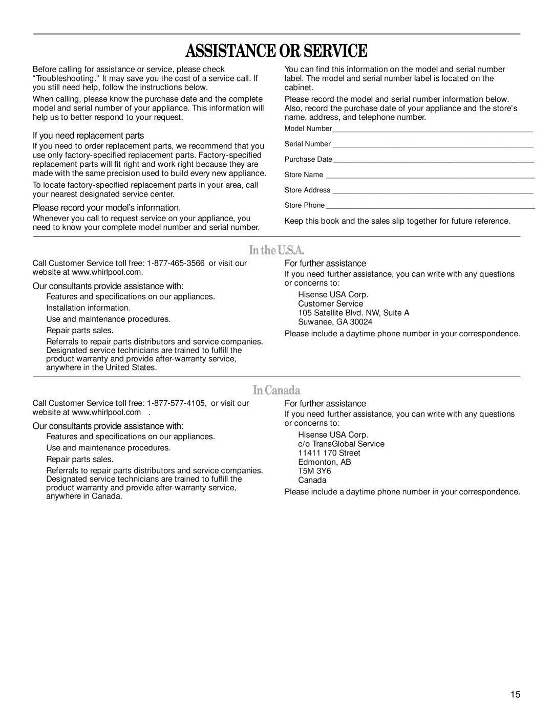 Whirlpool 1328891 manual Assistance or Service, IntheU.S.A, InCanada 