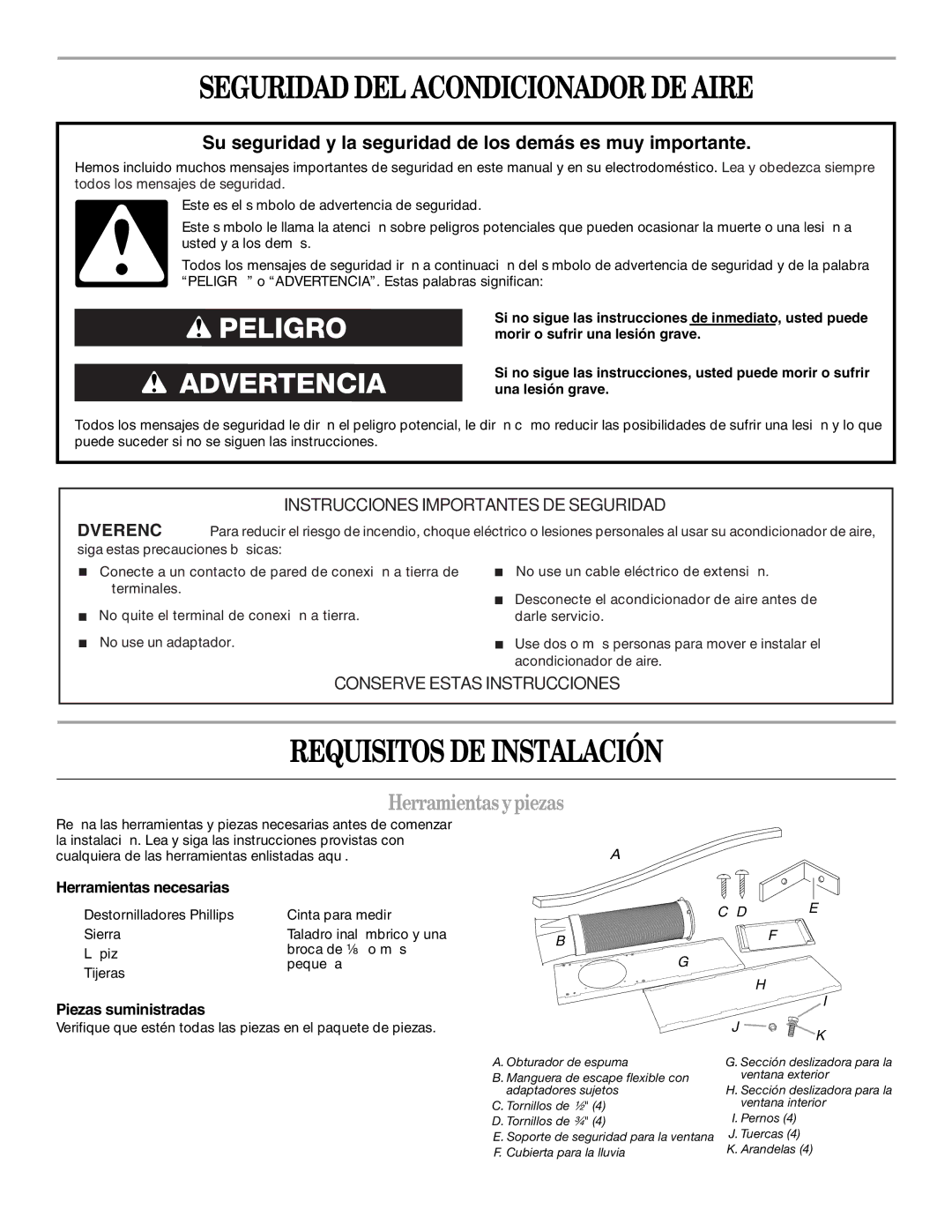 Whirlpool 1328891 manual Seguridad DEL Acondicionador DE Aire, Requisitos DE Instalación, Herramientasypiezas 