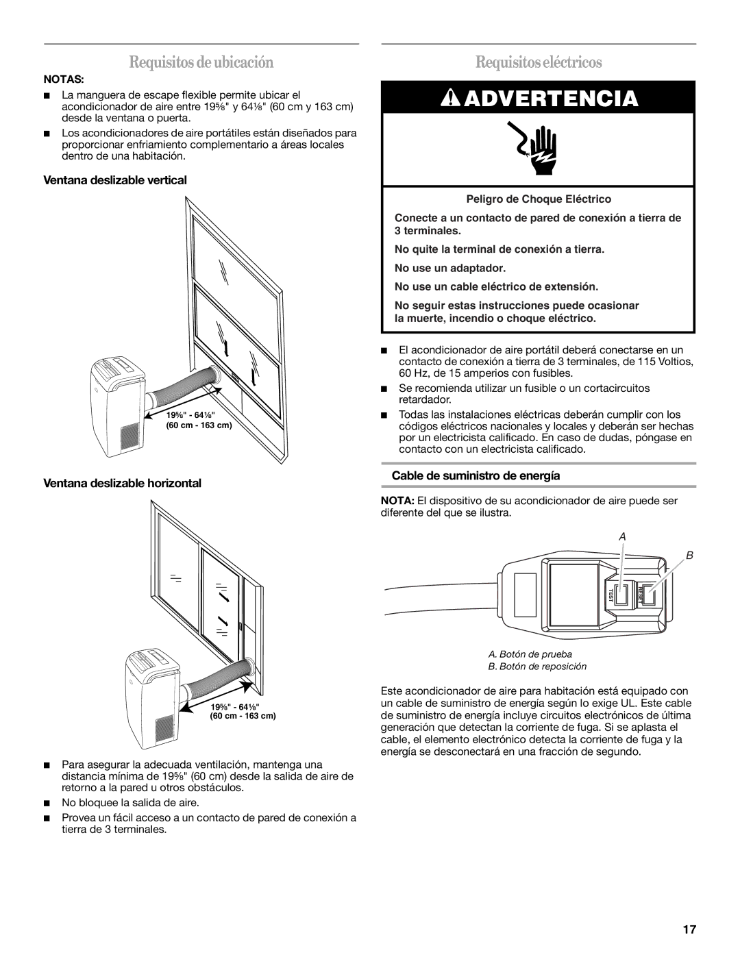 Whirlpool 1328891 Requisitosdeubicación, Requisitoseléctricos, Ventana deslizable vertical, Ventana deslizable horizontal 