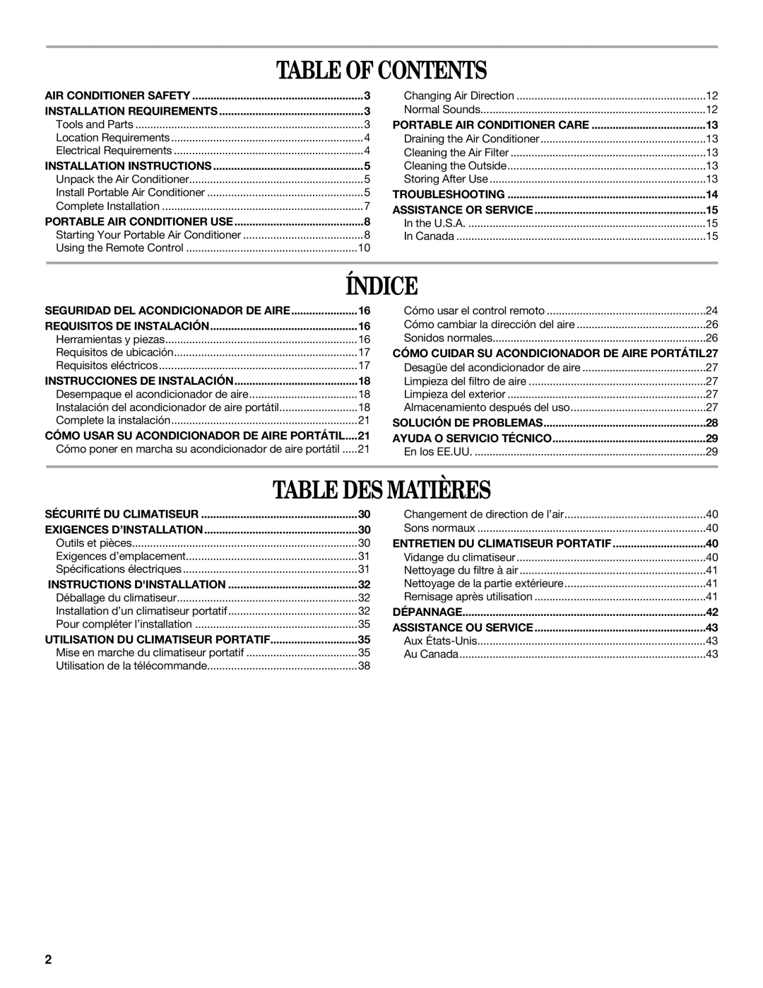 Whirlpool 1328891 manual Table of Contents, Índice, Table DES Matières 