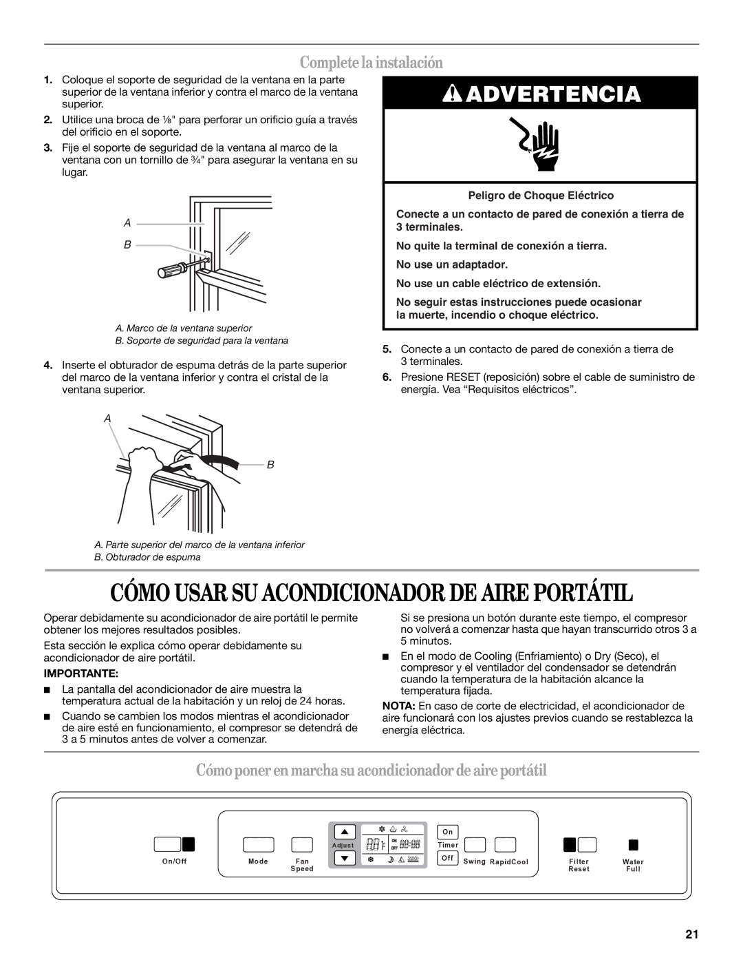 Whirlpool 1328891 manual Completelainstalación, Cómoponerenmarchasuacondicionadordeaireportátil 