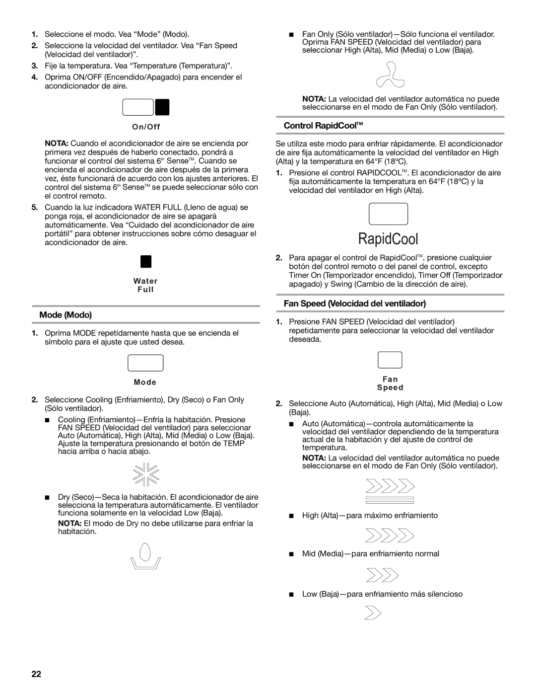 Whirlpool 1328891 manual Mode Modo, Control RapidCoolTM, Fan Speed Velocidad del ventilador 