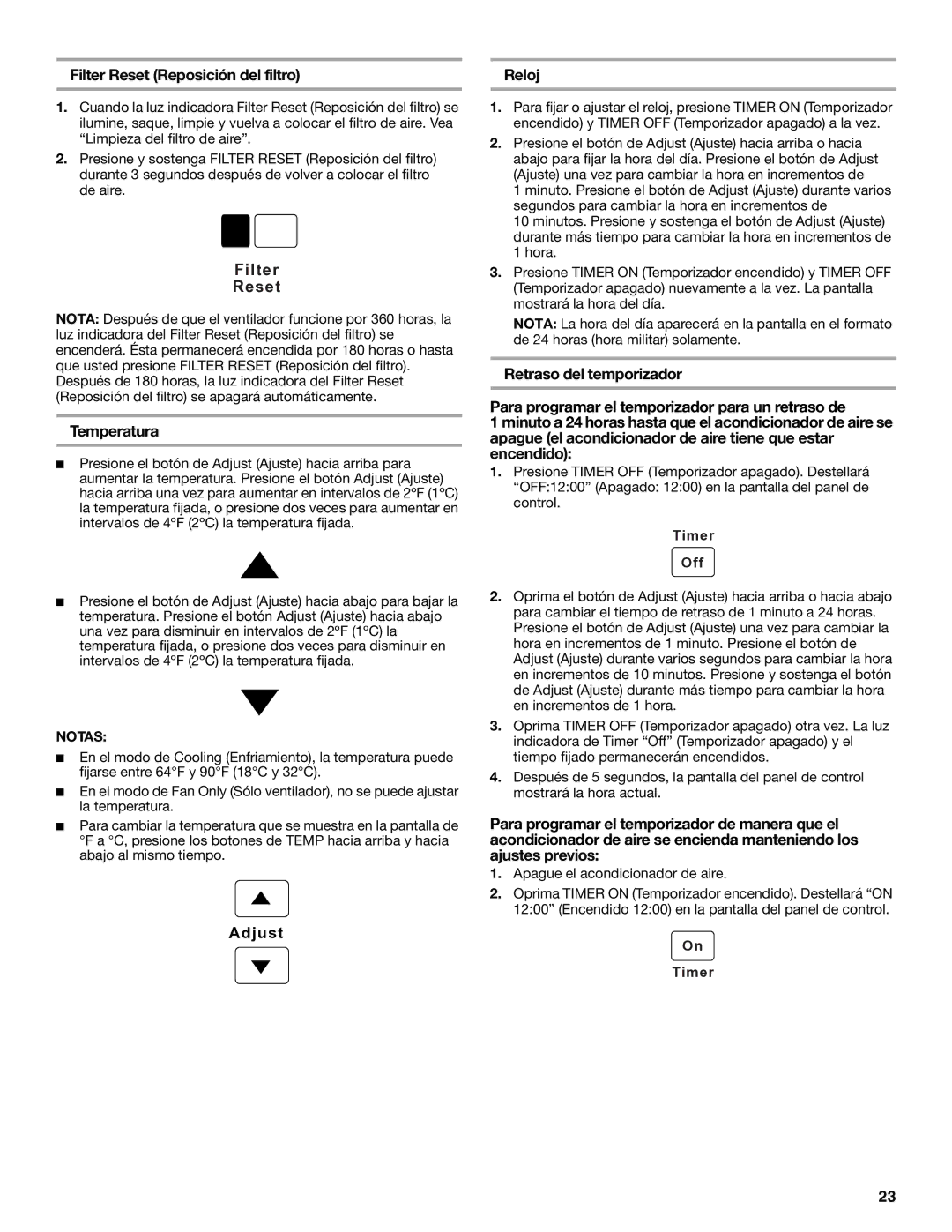 Whirlpool 1328891 manual Filter Reset Reposición del filtro, Temperatura, Reloj, Adjust 