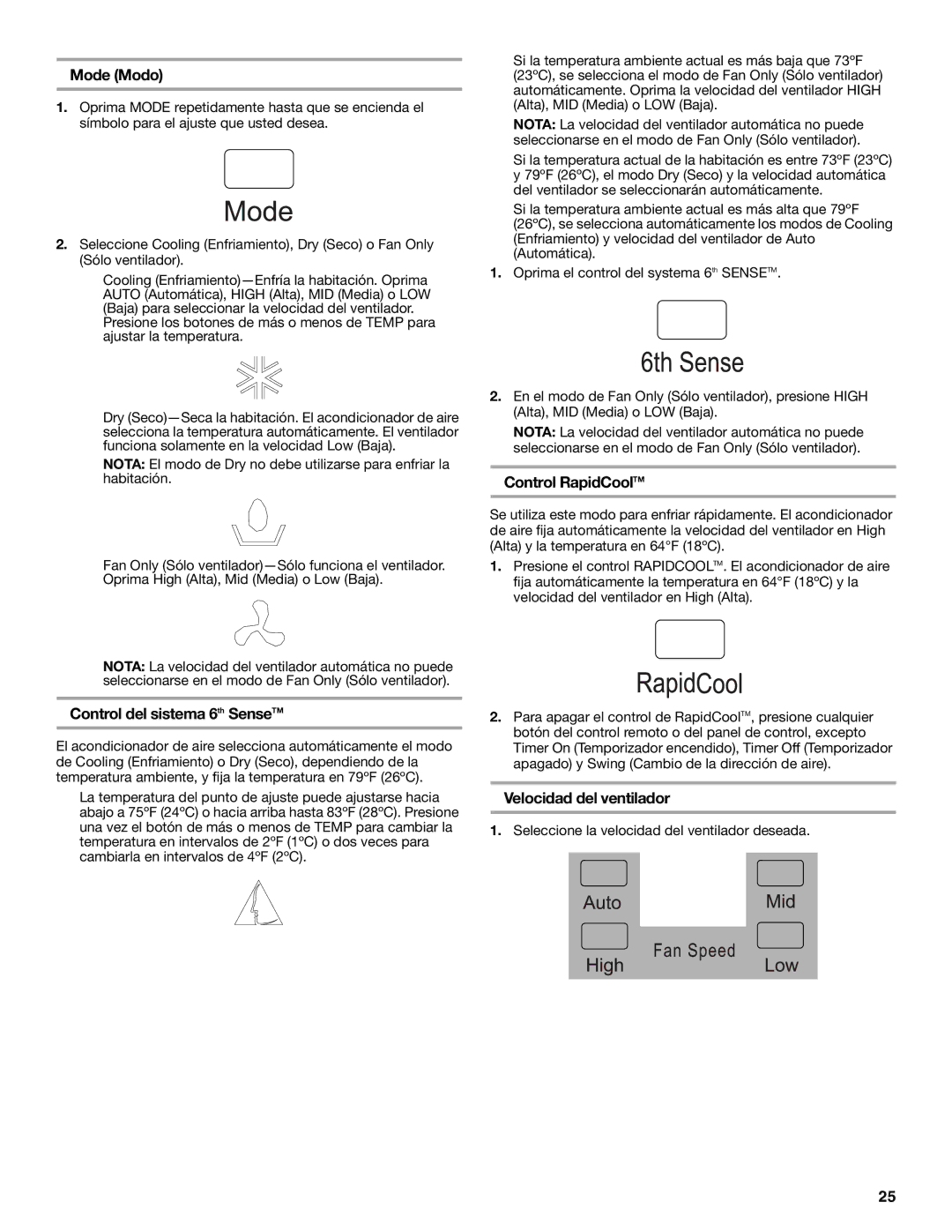 Whirlpool 1328891 manual Control del sistema 6th SenseTM, Velocidad del ventilador 