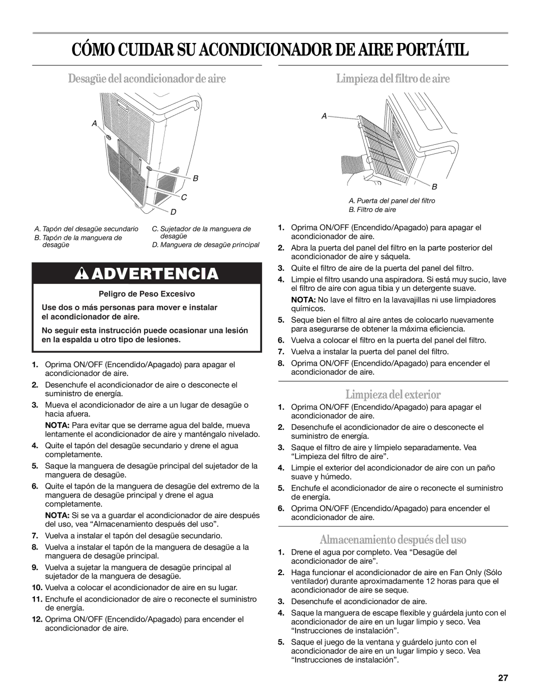 Whirlpool 1328891 manual Desagüedelacondicionadordeaire, Limpiezadelexterior, Almacenamientodespuésdeluso 