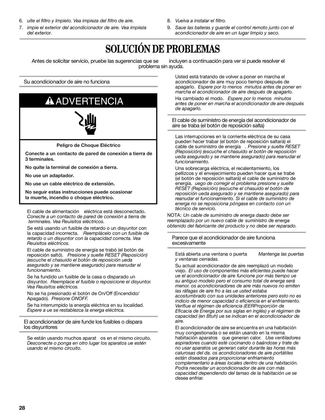 Whirlpool 1328891 manual Solución DE Problemas, Parece que el acondicionador de aire funciona excesivamente 