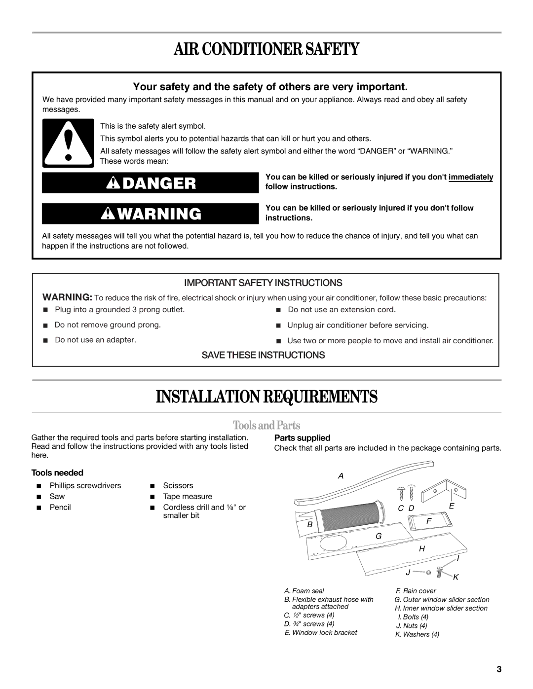 Whirlpool 1328891 manual AIR Conditioner Safety, Installation Requirements, ToolsandParts, Parts supplied, Tools needed 