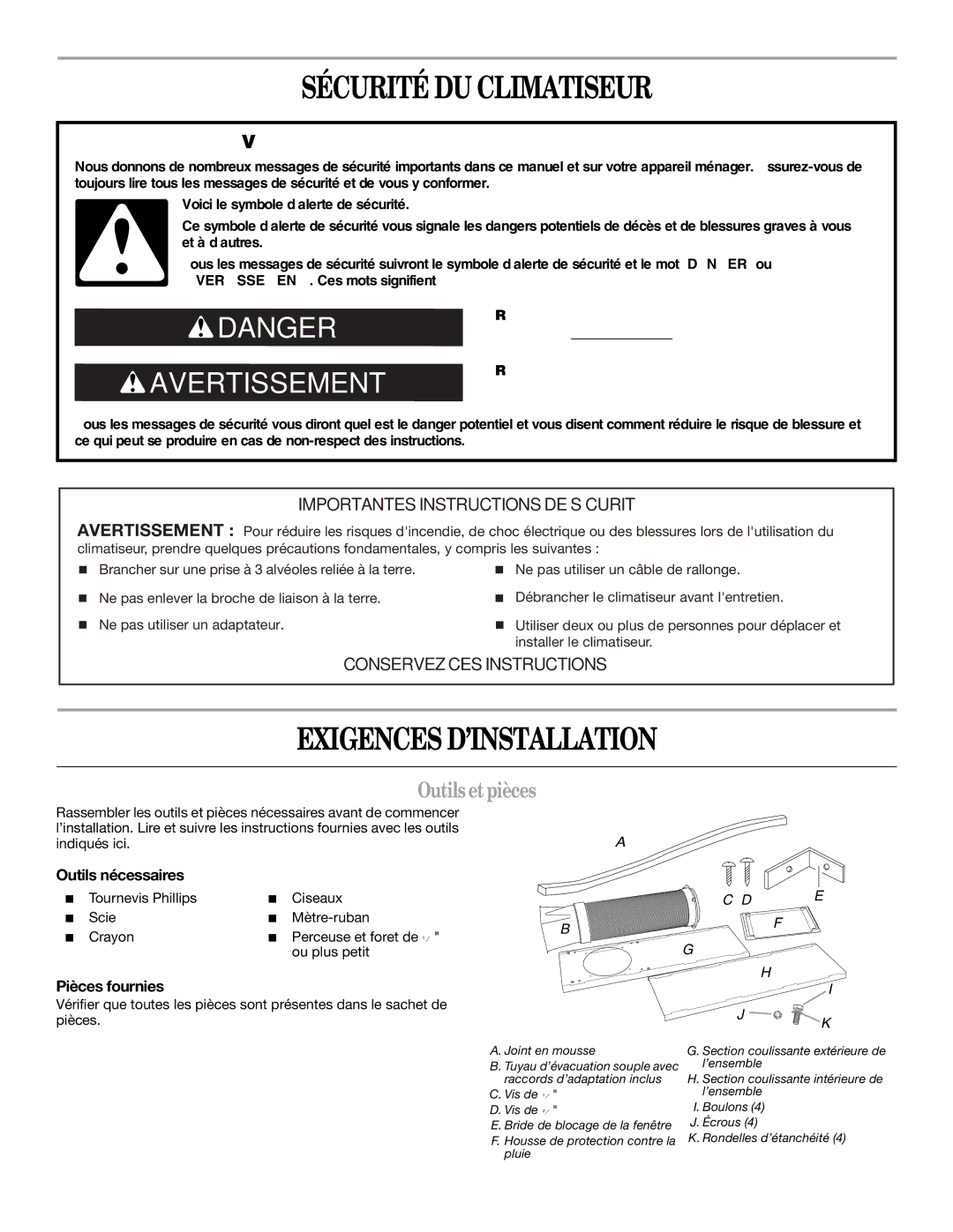 Whirlpool 1328891 Sécurité DU Climatiseur, Exigences D’INSTALLATION, Outilsetpièces, Outils nécessaires, Pièces fournies 