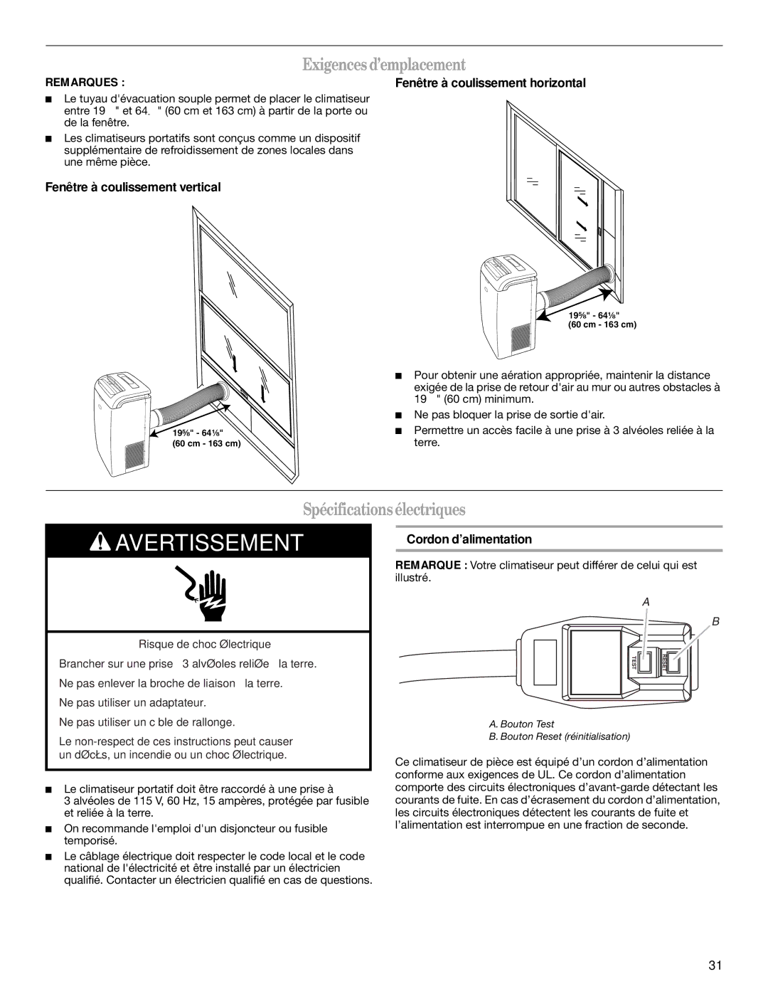 Whirlpool 1328891 manual Exigencesd’emplacement, Spécificationsélectriques, Fenêtre à coulissement vertical 