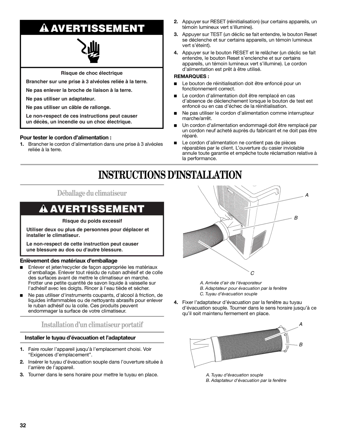 Whirlpool 1328891 manual Instructions Dinstallation, Déballageduclimatiseur, Installationd’unclimatiseurportatif 