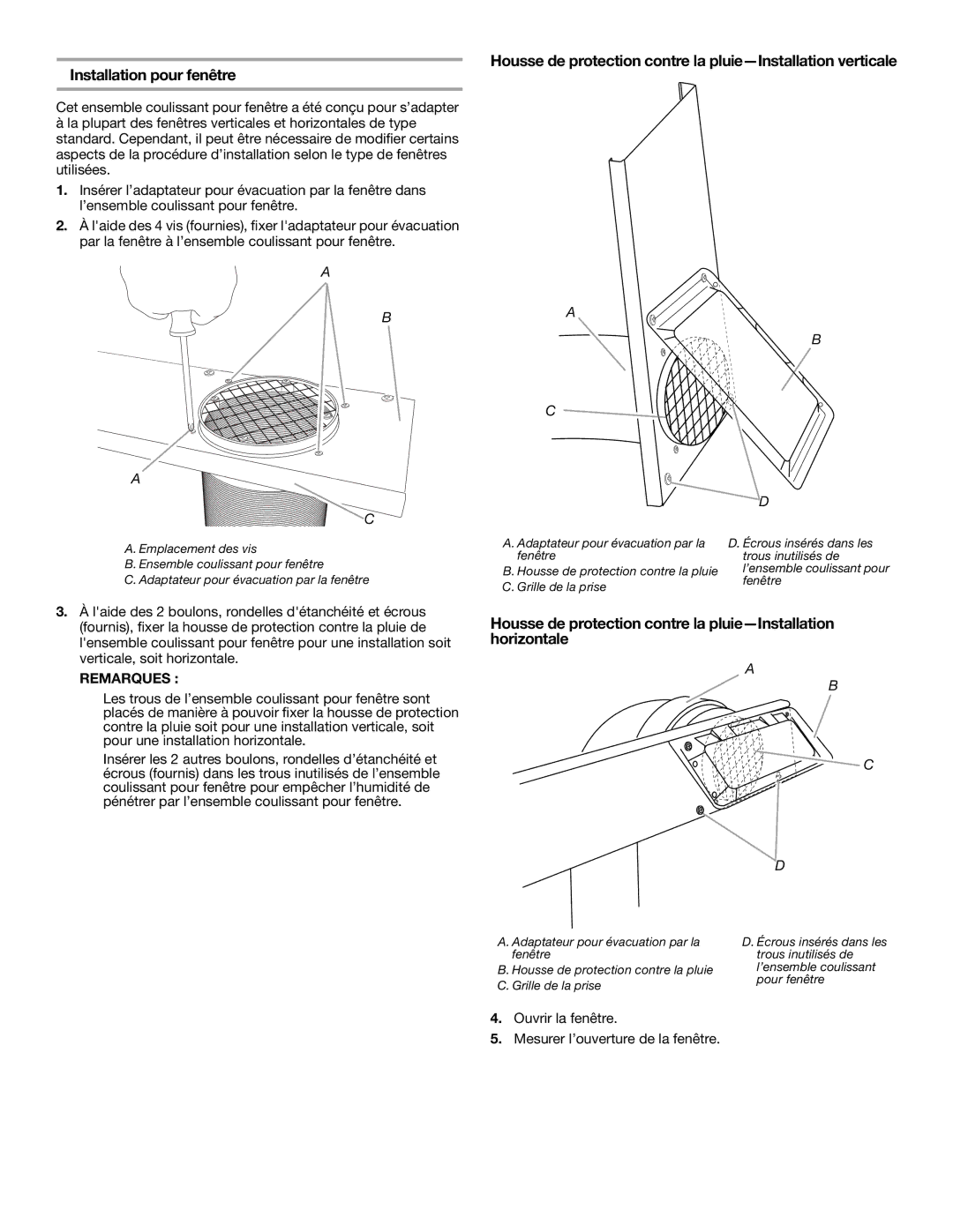 Whirlpool 1328891 manual Installation pour fenêtre, Housse de protection contre la pluie-Installation verticale 