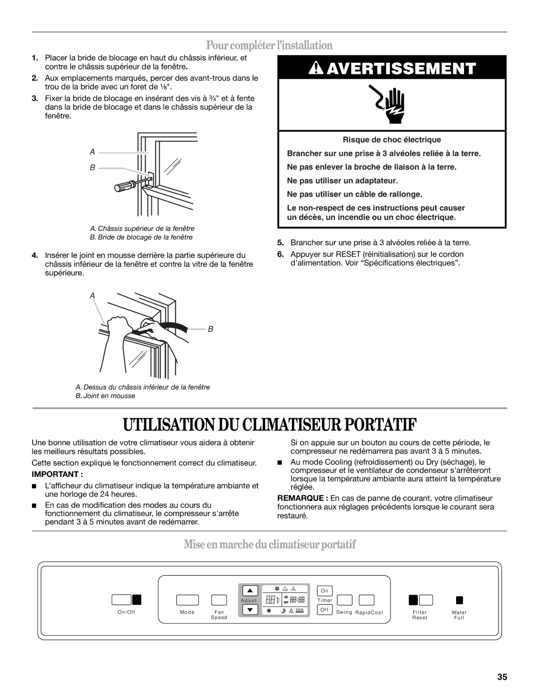 Whirlpool 1328891 Utilisation DU Climatiseur Portatif, Pourcompléterl’installation, Miseenmarcheduclimatiseurportatif 