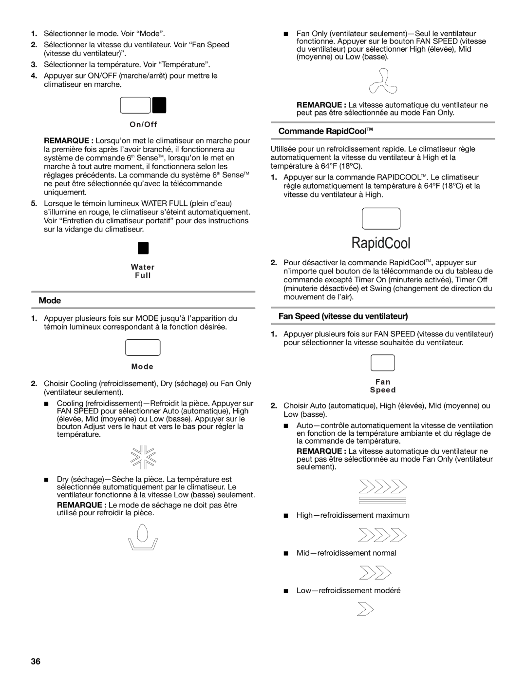 Whirlpool 1328891 manual Commande RapidCoolTM, Fan Speed vitesse du ventilateur 