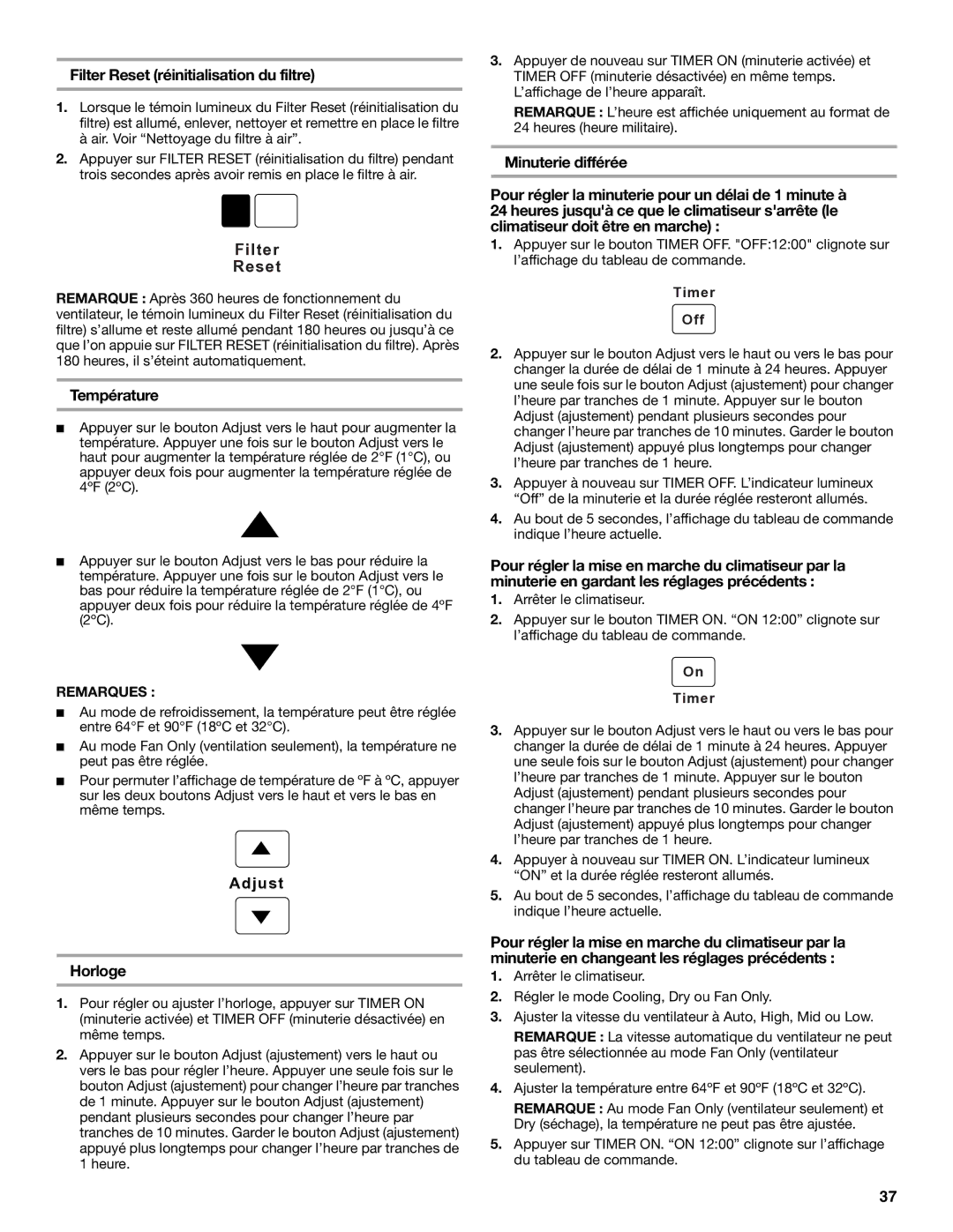 Whirlpool 1328891 manual Filter Reset réinitialisation du filtre, Température, Horloge 