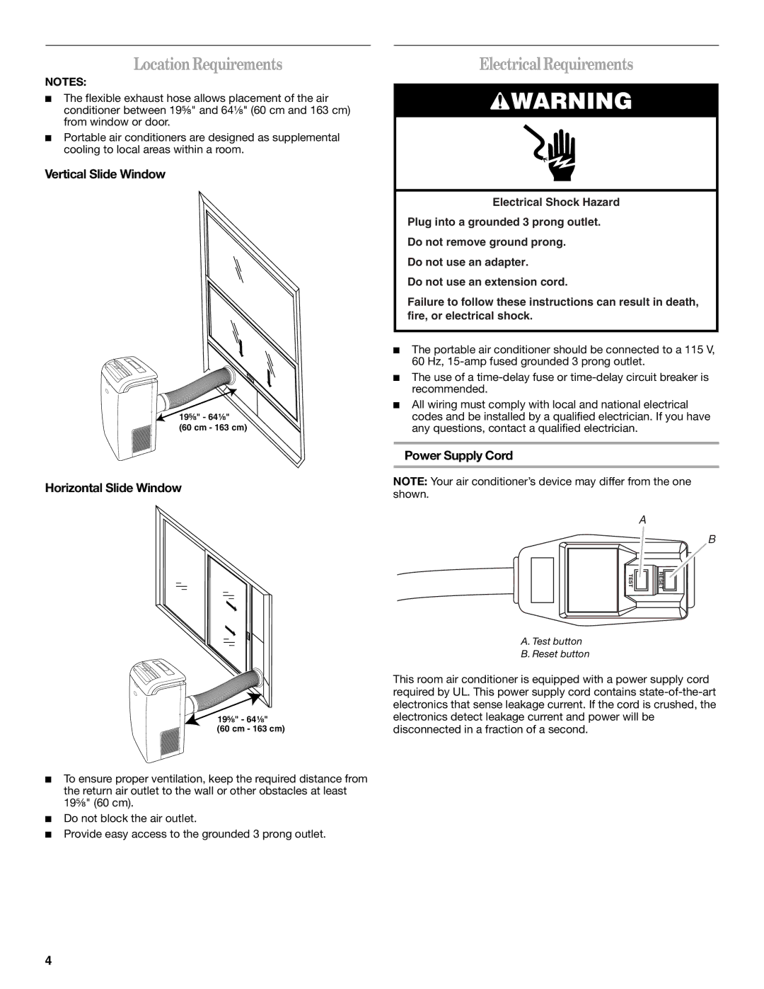 Whirlpool 1328891 manual LocationRequirements, ElectricalRequirements, Vertical Slide Window, Horizontal Slide Window 