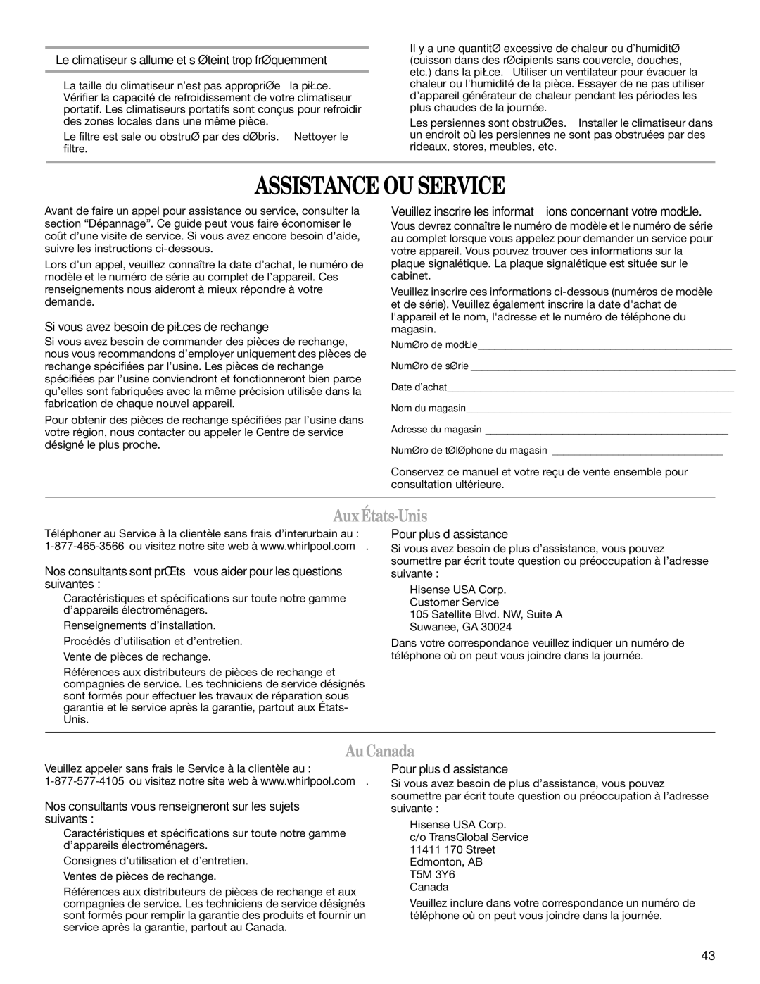 Whirlpool 1328891 manual Assistance OU Service, AuxÉtats-Unis, AuCanada 