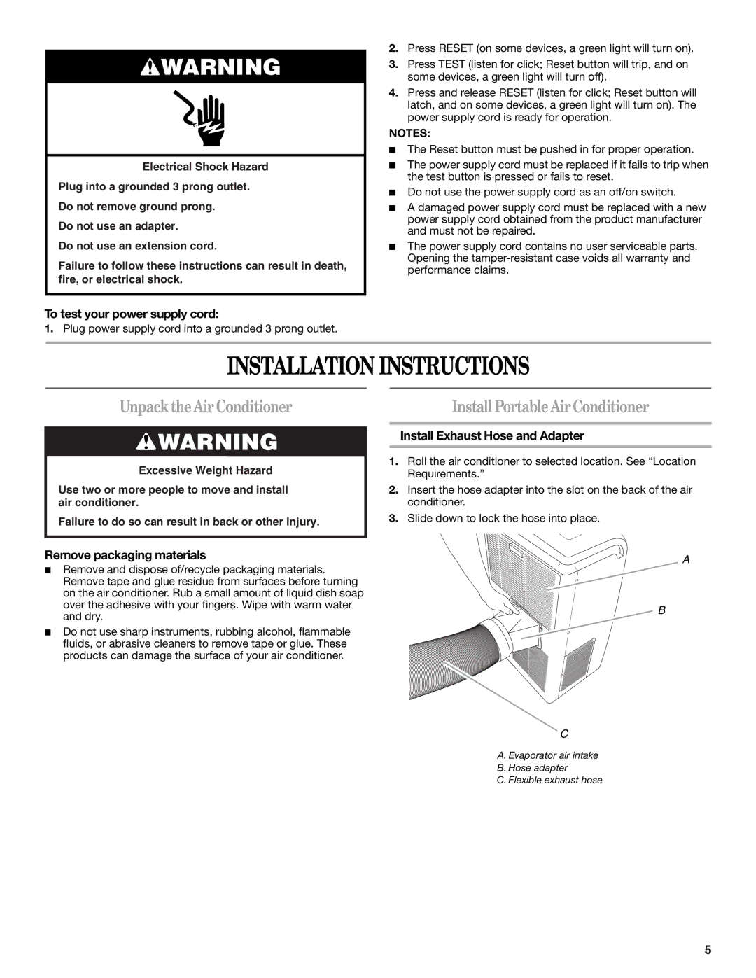 Whirlpool 1328891 manual Installation Instructions, UnpacktheAirConditioner, InstallPortableAirConditioner 