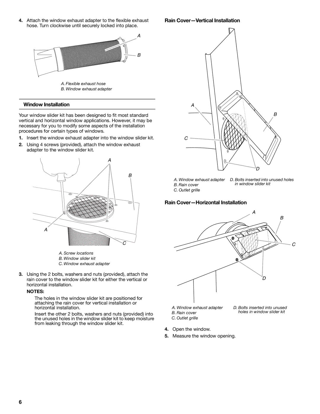 Whirlpool 1328891 manual Window Installation, Rain Cover-Horizontal Installation 